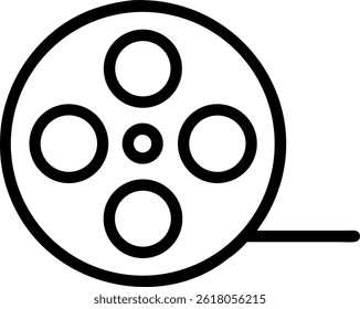 a minimalistic representation of a film reel with a circular design and a trailing film strip element