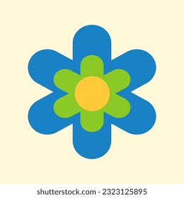 Minimalistic retro poster with a flower. Vintage geometric blue flower on a light background, groovy style 70s, 80s, 90s, bright colors.