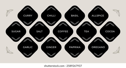 minimalistic rich spice stickers in black color. kitchen sticker pack for organizing storage. curry, chili, basil, tea, coffee