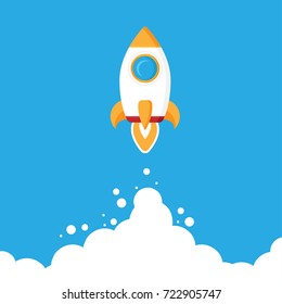 Minimalistic rocket launch flat icon. Rocket illustration with clouds, space and launch fire, flat modern art.