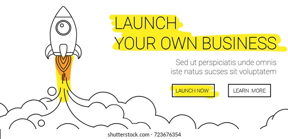 Minimalistic rocket launch line icon. Rocket illustration with clouds, space and launch fire, line art.