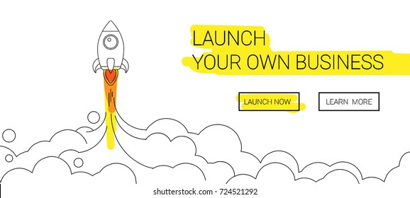 Minimalistic rocket launch line icon. Rocket illustration wit clouds, space and launch fire isolated on simple background