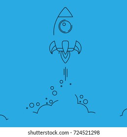 Minimalistic rocket launch line icon. Rocket illustration wit clouds, space and launch fire isolated on simple background