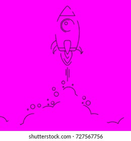 Minimalistic rocket launch line icon. Rocket illustration with clouds, space and launch fire, line art.