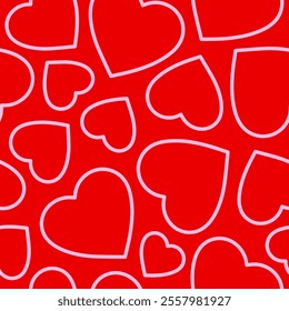 Minimalistic romantic seamless pattern of linear hearts on a red background. Trendy vector illustration in style retro