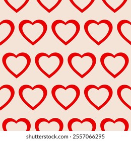 Minimalistic romantic seamless pattern of red hearts on a beige background. Trendy vector illustration in style retro 60s, 70s