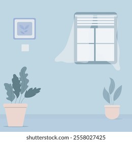 A minimalistic room background vector illustration featuring indoor plants in pots, a window with soft curtains, and a framed wall art. Ideal for home decor, interior design, or workspace themes