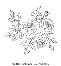 Minimalistic rose flowers, buds, leaves and branches in line style. Decorative elements for tattoos, logos and emblems. Cartoon flat vector collection isolated on white background