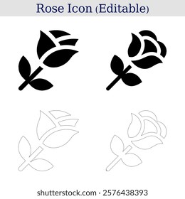 minimalistic rose icon set in black and white. editable rose icons with solid and outline designs. clean rose illustration for logos and design projects.
