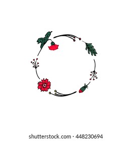 minimalistic round frame from flowers and leaves of plants. vector. hand drawing