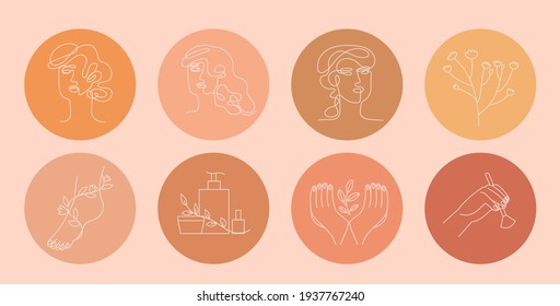 Minimalistic round icon set ordesign templates in minimal linear style. Female one line portrait, flowers and cosmetics for beauty and fashion highlight stories. Make up, manicure or beauty studio.