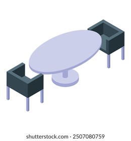 Mesa redonda minimalista y dos sillas que forman una sala de reuniones con vista isométrica, ideal para proyectos arquitectónicos y de diseño