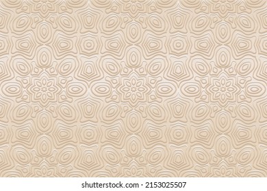 Minimalistic satin embossed light background, exotic cover design. Geometric delicate 3D pattern, ethnic texture in hand drawn style. Oriental, Asian, Indian, Mexican, Aztec, Peru motifs.