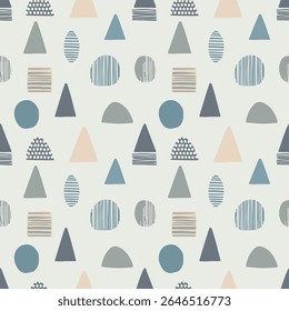 Escandinávia minimalista molda o padrão perfeito em um fundo de creme leve. Triângulos abstratos, círculos e retângulos com detalhes sutis de linhas criam um design moderno inspirado nos nórdicos.