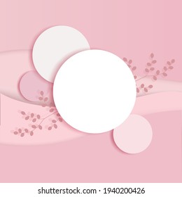 Minimalistic Scene With Geometric Shapes. Cylindrical Podiums In A Soft Pink Background With Paper Leaves. Top View. Podium Stand To Show Cosmetic Product.  3d Vector Illustration, Mock Up, Copy Space