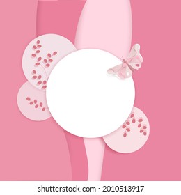 Minimalistic scene with geometric shapes. Cylindrical podiums in a soft pink background with paper leaves. Top view. Podium stand to show cosmetic product.  3d vector illustration, mock up, copy space