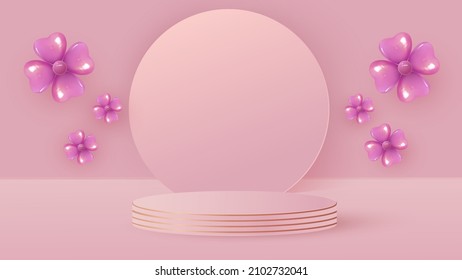Minimalistische Szene mit rosafarbenem zylindrischem Podium, Rundrahmen und Blumen aus Ballons. Schauen Sie nach der Demonstration eines Kosmetikprodukts, Showcase. Vektorgrafik