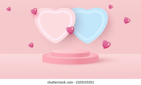 Minimalistic scene with pink cylindrical podium, heart frame and flying balloons. Stage for product demonstration, showcase. Vector illustration