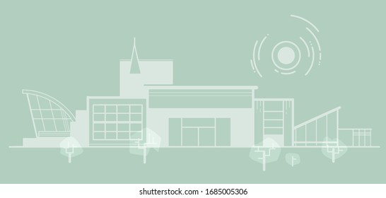 A minimalistic schematic depiction of city panorama. An architectural structure with thin lines in a minimalist style. It can be an urban landscape, a hospital, a government institution, etc.