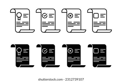 Documento de desplazamiento mínimo con sello, signo confirmado, signo de rechazo y campo de firma. Iconos de desplazamiento lineal y relleno del vector.