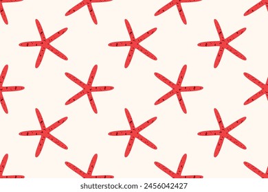Patrón sin fisuras minimalista del verano del mar con la estrella de mar roja que baila, estrella de mar sobre fondo blanco. Ilustración vectorial de EPS10