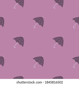 Minimalistic seamles rainy season pattern with folk unbrella ornament. Simple accesories in purple colors. Designed for fabric design, textile print, wrapping, cover. Vector illustration.