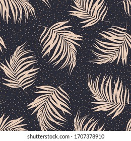 Minimalistic seamless abstract pattern with small dots and palm leaves on a dark background
