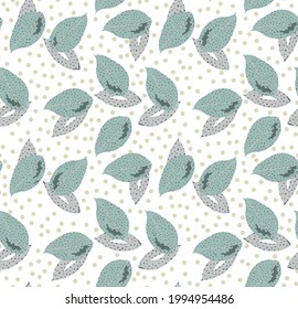 Minimalistic seamless abstract pattern with small dots, leaves. Scandinavian modern blue leaves on a dotted white background.