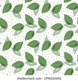 Minimalistic seamless abstract pattern with small dots, leaves. Scandinavian modern green leaves on a dotted white background.