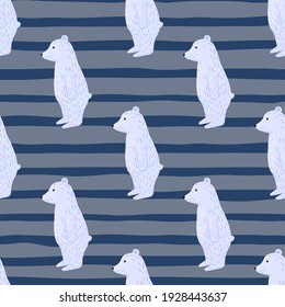 Minimalistic seamless animal arctic pattern with doodle polar bear silhouettes. Grey and blue striped background. Designed for fabric design, textile print, wrapping, cover. Vector illustration.