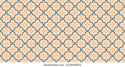 Minimalistisches nahtloses Arabesken mit goldenen Sternmotiven und blauen Fliesenumrissen auf beigem Hintergrund, für die Gestaltung von Ramadan-Grüßen, Textilien oder Süßwaren, Vektorgrafik