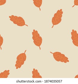 Minimalistic seamless autumn pattern with orange nature foliage ornament. Light grey background. Vector illustration for seasonal textile prints, fabric, banners, backdrops and wallpapers.