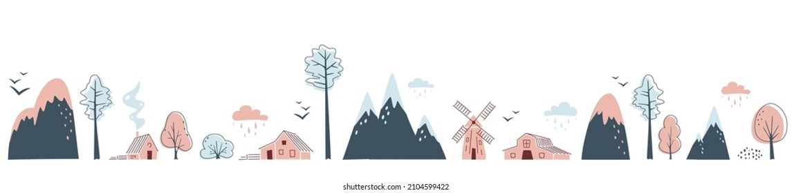 Frontera minimalista sin fisuras con montañas, árboles, casas y molino de viento sobre fondo blanco. Paisaje en colores limitados. Ilustración del vector