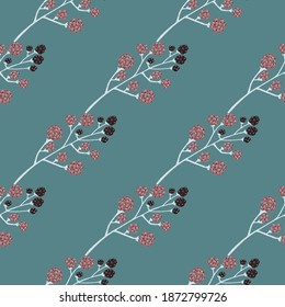 Minimalistic seamless botanic pattern with blackberries. Blue background. Perfect for fabric design, textile print, wrapping, cover. Vector illustration.