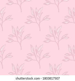 Minimalistic seamless branch foliage pattern. Botanic leaves ornament in stylized print in pink palette. Perfect for wallpaper, textile, wrapping paper, fabric print. Vector illustration.