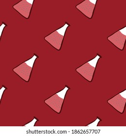 Minimalistic seamless chemistry pattern with flasks. Pink pale colored lab elements on red background. Decorative backdrop for wallpaper, textile, wrapping paper, fabric print. Vector illustration.
