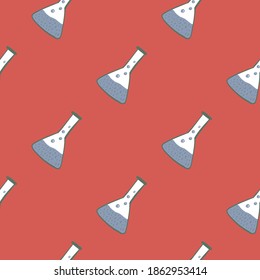 Minimalistic seamless chemistry pattern with flasks. Blue and white colored lab elements on soft red background. Great for fabric design, textile print, wrapping, cover. Vector illustration.