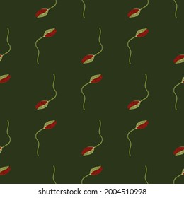 Minimalistic seamless dark tones pattern with red poppy bud flowers ornament. Green background. Stock illustration. Vector design for textile, fabric, giftwrap, wallpapers.
