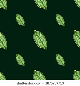 Patrón de doodle minimalista sin fisuras con ornamento de limón de vitamina verde. Fondo negro. Ilustración vectorial para impresiones textiles estacionales, tela, carteles, telas de fondo y papel pintado.