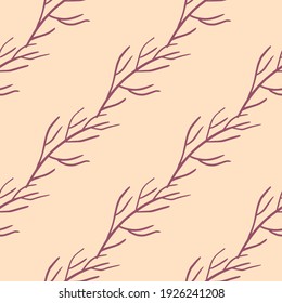 Minimalistisches nahtloses Doodle-Muster mit violettem diagonalen Zweig-Druck. hellrosa Hintergrund. Perfekt für Stoffdesign, Stoffdruck, Umhüllung, Cover. Vektorgrafik.