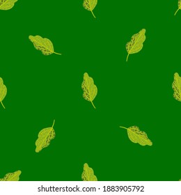 Minimalistic seamless doodle pattern with simple decorative oak leaf ornament. Green background. Stock illustration. Vector design for textile, fabric, giftwrap, wallpapers.