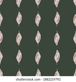 Minimalistic seamless doodle pattern witth light lilac leaf print. Dark grey background. Flat vector print for textile, fabric, giftwrap, wallpapers. Endless illustration.