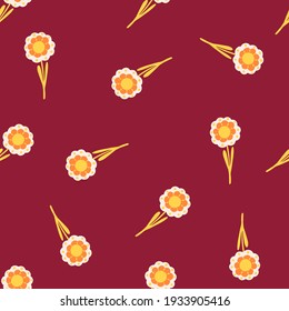 Minimalistic seamless doodle pattern with yellow hand drawn flowers random ornament. Maroon background. Designed for fabric design, textile print, wrapping, cover. Vector illustration.
