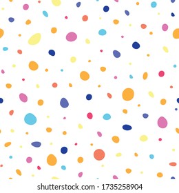 Minimalistisches, nahtlos gepunktetes Muster. Farbenfroh und glücklich, Feiern und Feiertage Hintergrund. Vector-Abbildung. Random Platzierung, abstrakte Komposition. 