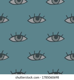 Minimalistic seamless eye pattern. Pastel pale blue background with grey elements. Designed for wallpaper, textile, wrapping paper, fabric print. Vector illustration.