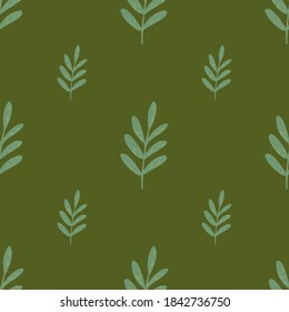 Minimalistische nahtlose Blumenmuster mit hellblauen Blättern Äste Zierde. Grüner Hintergrund. Flacher Vektordruck für Textilien, Gewebe, Geschenkpapier, Wallpaper. Endlose Illustration.