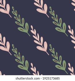 Minimalistic seamless nature pattern with pink and green colored branhes elements. Dark purple background. Perfect for fabric design, textile print, wrapping, cover. Vector illustration.
