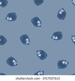 Patrón oceánico minimalista sin fisuras con la huella de la mariposa del doodle. La paleta azul de la fauna marina como telón de fondo. Fondo decorativo para el diseño de tejidos, impresión textil, envoltura, cubierta. Ilustración vectorial.