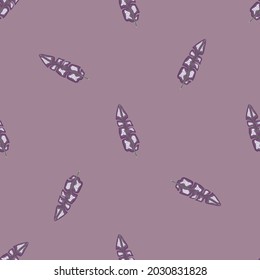 Minimalistic seamless pattern with abstract small palm leaves print. Pastel purple background. Graphic design for wrapping paper and fabric textures. Vector Illustration.