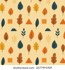 Minimalistic seamless pattern with autumn leaves and geometric shapes in Scandinavian style. Warm earthy tones, simple flat design, perfect for textiles, wrapping paper, and cozy seasonal decoration.
